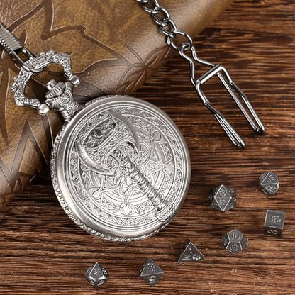 Mini DND Dice Set With Steampunk Barbarian Axe Pocket Watch Shell Case, 7pcs Polyhedral Metal Dice Set, D&D Gifts With Gift Box, Role Playing Board Games Accessories, Dark Silver - color: Dark Silver