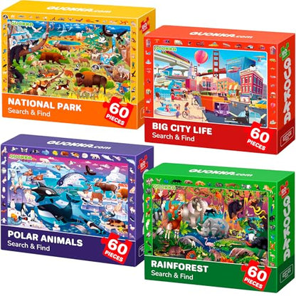 Jigsaw Puzzles for Kids Ages 4-6 - 4 x 60 Piece Kids Puzzles Ages 5-8 | Search and Find Puzzles for Kids Ages 6-8 - Toddlers Puzzles Ages 3-5 Year Old - Forest, Polar, Usa Park and City Animal - color: Animals