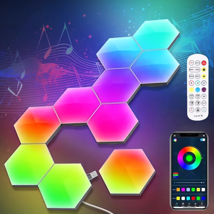 8 Pack Hexagon Light Panels - Smart RGB Hexagon LED Lights Wall Lights with APP & Remote Control Cool Music Sync Gaming Lights for Lving Room, Bedrooms, DIY Lovers, Gifts, Gaming Room, Kids