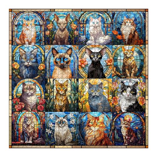 Stained Glass Puzzle Cat Puzzles for Adults 1000 Pieces, Colorful Kitty Kitten Collage Puzzles 1000 Pieces, Hard Difficult Impossible Challenging Jigsaw Puzzles for Adults - style: Stained Glass Cats