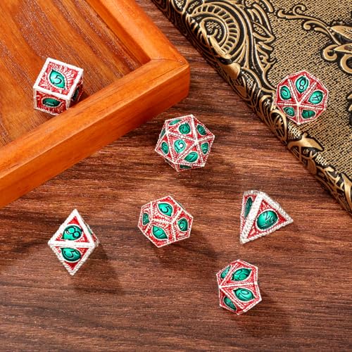 Red Green Dragon Eyes Metal Dice Set, Cool 7 Pcs Polyhedral Dice with Bag, Board Game Accessory, Great Gifts for DND RPG Fans, Birthday Gifts for Him Men Women - color: Red Green Metal