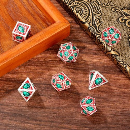 Red Green Dragon Eyes Metal Dice Set, Cool 7 Pcs Polyhedral Dice with Bag, Board Game Accessory, Great Gifts for DND RPG Fans, Birthday Gifts for Him Men Women - color: Red Green Metal