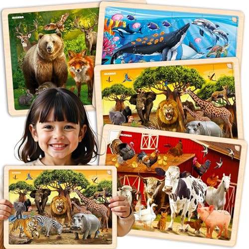 QUOKKA 4SET Puzzles for Kids Ages 4-6 - 48 Pcs Wooden Toddler Realistic Montessori Puzzles Ages 3-5 - Wild Animals Africa Ocean Farm Learning Games for Boys and Girls 4-8 Year Olds - color: Real Animals
