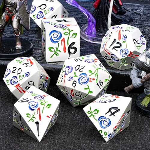 Gothic DND Dice Set Bleeding Rose Metal D and D Dice for use with Dungeons Dragons D&D Role Playing Game, Blue Purple RPG Polyhedral Dice Set D20 D12 D10 D8 D6 D4 - color: Purplish Blue&silver&black Numbers