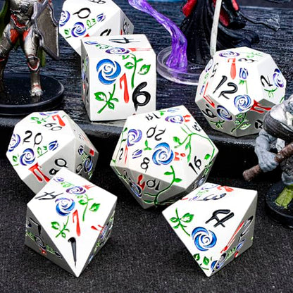 Gothic DND Dice Set Bleeding Rose Metal D and D Dice for use with Dungeons Dragons D&D Role Playing Game, Blue Purple RPG Polyhedral Dice Set D20 D12 D10 D8 D6 D4 - color: Purplish Blue&silver&black Numbers