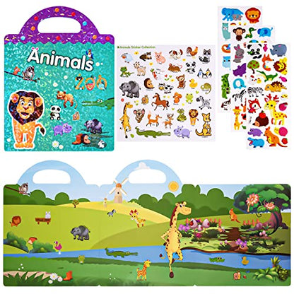 ASTARON Reusable Sticker Book for Toddlers, 88 Pcs Animal Stickers Road Trip Activities Car Airplane Activities Travel Toys for Kids, Kids Quiet Time Activities (3-6 Age) - style: Animals