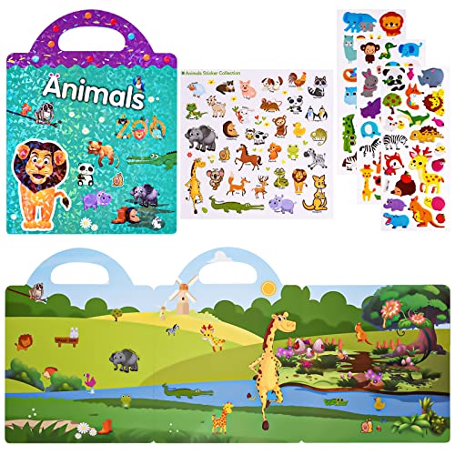 ASTARON Reusable Sticker Book for Toddlers, 88 Pcs Animal Stickers Road Trip Activities Car Airplane Activities Travel Toys for Kids, Kids Quiet Time Activities (3-6 Age) - style: Animals