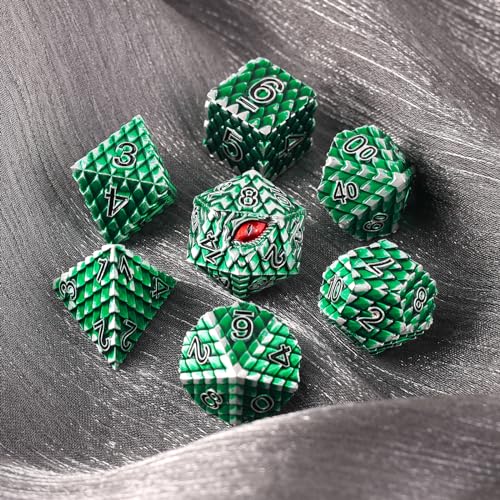 Dragon Eye Metal Dice Set, 7 Pcs Dragon Scale Metallic Dice, Gift Box for Dungeons & Dragons Tabletop Game (Green Dragon Scale & Red Eye) - color: Green Dragon Scale & Red Eye