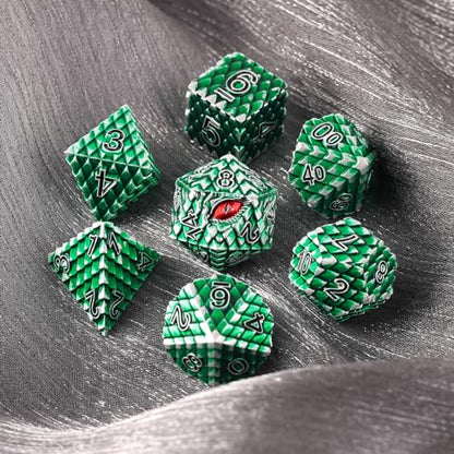 Dragon Eye Metal Dice Set, 7 Pcs Dragon Scale Metallic Dice, Gift Box for Dungeons & Dragons Tabletop Game (Green Dragon Scale & Red Eye) - color: Green Dragon Scale & Red Eye