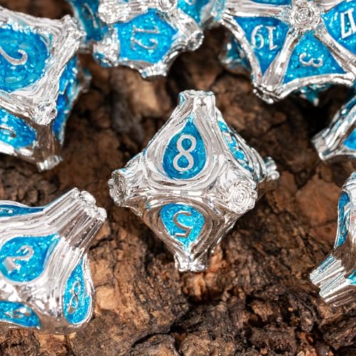 7PCS Metal Dice Set D&D Silver Metal DND Dice for RPG Board Games | Leather Storage Bag, DM Gift, for Dungeons and Dragons Role Playing Games - color: Metal Tree-silverblue