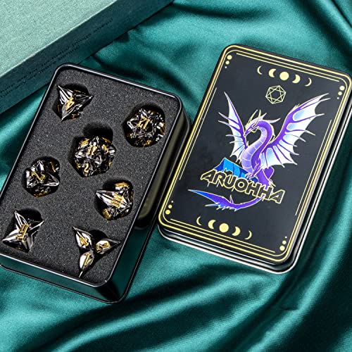 ARUOHHA DND Metal Dice Set Black Leaf Gold Numbers Design Polyhedral Dice with Box, 7PCS D and D Dice RPG Role Playing Games D20 D12 D10 D8 D6 - color: Leaves- Black Gold