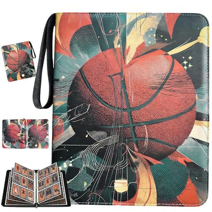 Basketball Card Binder with Sleeves, 9-Pocket Portable Card Protectors Album Holder Book with Zipper, Fits 900 Cards with 50 Removable Sleeves, Basketball Cards Display Storage Carrying Case -02 - color: Basketball-02