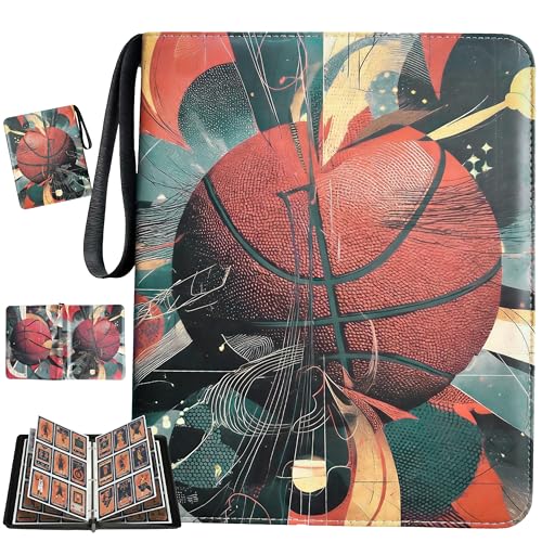 Basketball Card Binder with Sleeves, 9-Pocket Portable Card Protectors Album Holder Book with Zipper, Fits 900 Cards with 50 Removable Sleeves, Basketball Cards Display Storage Carrying Case -02 - color: Basketball-02