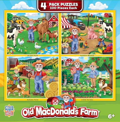 MasterPieces – Jigsaw Puzzle Set for Kids 6+ Years, 4-Pack of 100 Pieces, Educational and Fun Game, Old Macdonald’s Farm Collection, Gift Idea for Children, 8" x 10" - style: Old MacDonald's Farm