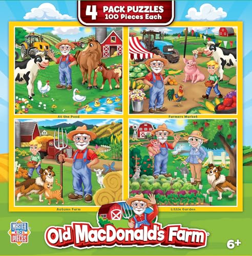 MasterPieces – Jigsaw Puzzle Set for Kids 6+ Years, 4-Pack of 100 Pieces, Educational and Fun Game, Old Macdonald’s Farm Collection, Gift Idea for Children, 8" x 10" - style: Old MacDonald's Farm