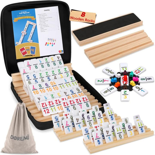 Doreimi Mexican Train Dominoes Set Numbers and 8 Wooden Holders, Double 12 Travel Domino Train Game with 91 Colored Tiles and Portable Case, Number Domino Set for Kids, Adults Family Board Team Games - style: Number+8 Racks+Black Hub