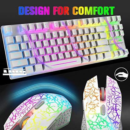 Wireless Membrane Gaming Keyboard and Mouse Set with 87Key Tenkeyless-White | Rainbow LED Backlight,Rechargeable 3800mAh Battery,Anti-ghosting,Ergonomic,Waterproof,RGB Mute Mice for Computer PC Mac Gamer - color: White