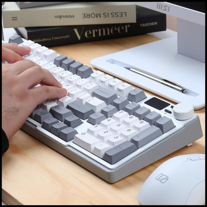 iRocks K85R Wireless RGB Backlit Mechanical Gaming Keyboard with LCD Display, Hot-Swappable Pre-lubed Brown Switches, 98 PBT Keys, USB-C Detachable Cable (ICY White, Bubble Switch) - color: Icy White