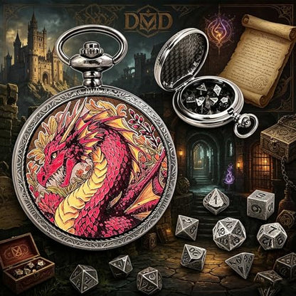 DragonSword D&D Dice Set with Pocket Watch Case, 7PCS Metal Dice Set for DND, Mini Dice with Gifts Case, Role Playing Board Games Accessories Gifts (3-Headed Dragon) - color: 3-headed Dragon