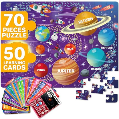 QUOKKA Solar System Puzzles for Kids Ages 4-6 - 70 Pcs Fun Kids Puzzles Ages 5-8 Preschool Floor Activities - Includes 50 Cards with 400+ Space Facts- Planet-Shaped Jigsaw Puzzle Gift for Girls Boys - color: 03. Space 70