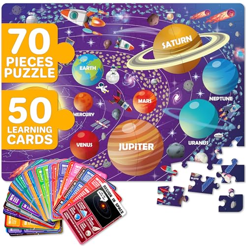 QUOKKA Solar System Puzzles for Kids Ages 4-6 - 70 Pcs Fun Kids Puzzles Ages 5-8 Preschool Floor Activities - Includes 50 Cards with 400+ Space Facts- Planet-Shaped Jigsaw Puzzle Gift for Girls Boys - color: 03. Space 70