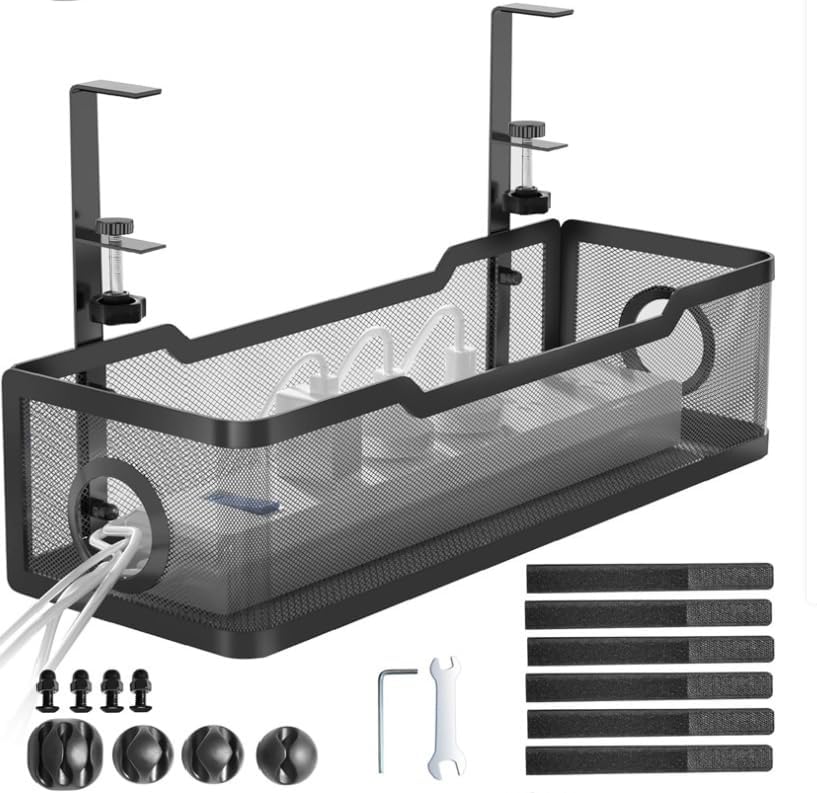 Under Desk Cable Management Tray with Clamp – No Drill Wire Organizer for Office & Home, Cord Management Box – No Damage to Desk