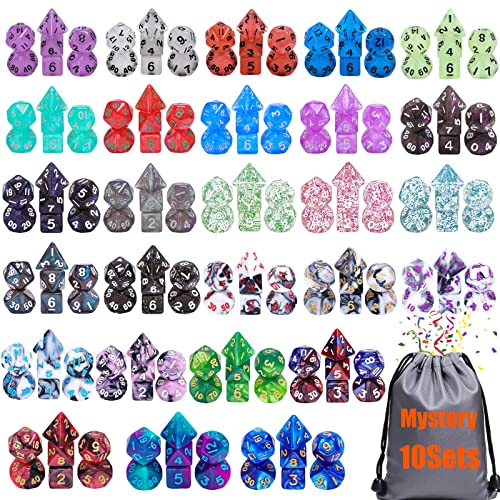10 Sets Random Assortment Polyhedral RPG Mini Dice (70pcs),Surprise Mystery Mini Dice Set,10mm Mini DND Magic The Gathering Dice Set for MTG,RPG,D&D Dungeons and Dragons Role Playing Game - color: Random 10 Sets