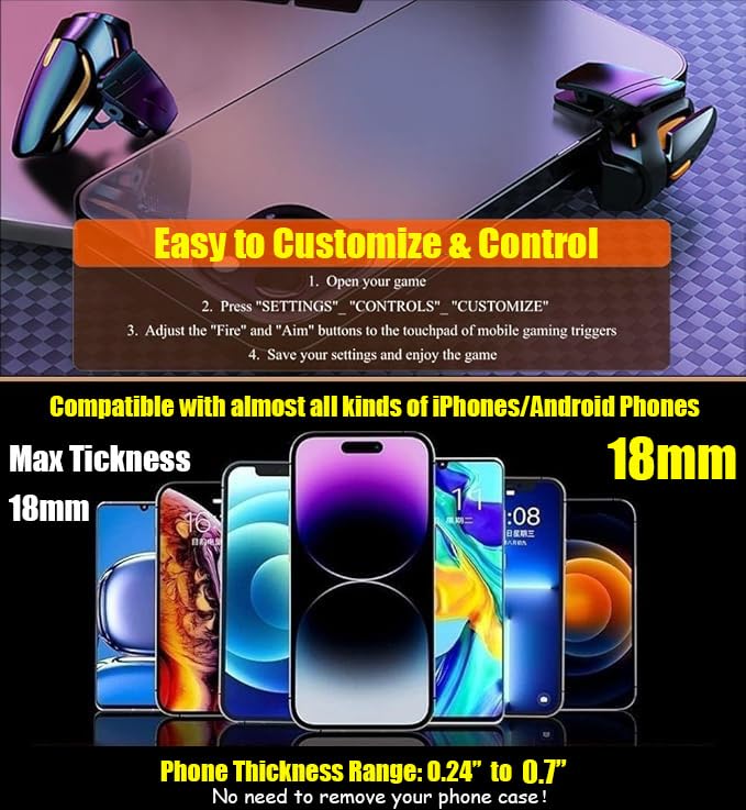 Mikirini 13 in 1 PUBG Mobile Phone Triggers, Max Phone Thickness:18mm | Controller for PUBG/Call of Duty/Free Fire/Fornite, compatible with iPhones & Android Phones
