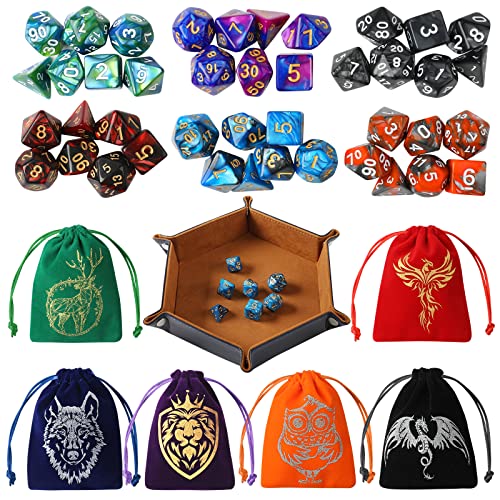 Grajar DND Dice Set, 42 Pcs polyhedral dice Set with 6 Colorful Animal Pattern Bag and PU Leather Velvet Tray for Dungeons Dragons D&D RPG MTG Table Games - style: Animal-Bicolor