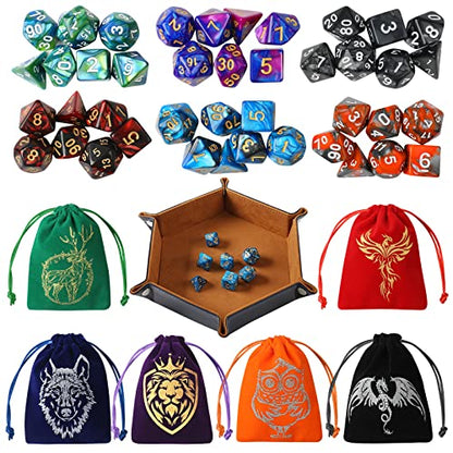 Grajar DND Dice Set, 42 Pcs polyhedral dice Set with 6 Colorful Animal Pattern Bag and PU Leather Velvet Tray for Dungeons Dragons D&D RPG MTG Table Games - style: Animal-Bicolor