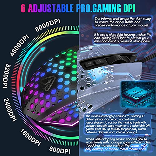 Ergonomic Gaming Mouse - USB Wired Computer Gamer Mice with 8000 DPI Adjustable/Customizable Buttons/RGB Backlit - for Windows 7/8/10/XP, Vista, Linux, PC/Mac/Laptop