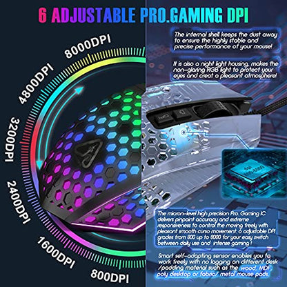 Ergonomic Gaming Mouse - USB Wired Computer Gamer Mice with 8000 DPI Adjustable/Customizable Buttons/RGB Backlit - for Windows 7/8/10/XP, Vista, Linux, PC/Mac/Laptop