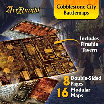 Arcknight The Cobblestone City Roleplaying Battlemaps; 16 Modular RPG Maps in 8 Double-Sided Pages, 1" Square Grid, Modular & Versatile Design for Tabletop Gaming - for Dungeons & Dragons, Pathfinder - style: Cobblestone City