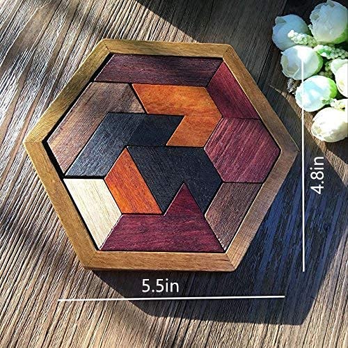 KINGZHUO Hexagon Tangram Puzzle Wooden Puzzle for Children and Adults Challenging Puzzles Wooden Brain Teasers Puzzle for Adults Puzzles Games Family Portable Brain Games Tangrams for Adults