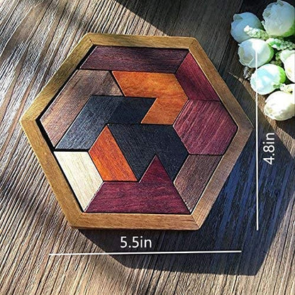 KINGZHUO Hexagon Tangram Puzzle Wooden Puzzle for Children and Adults Challenging Puzzles Wooden Brain Teasers Puzzle for Adults Puzzles Games Family Portable Brain Games Tangrams for Adults