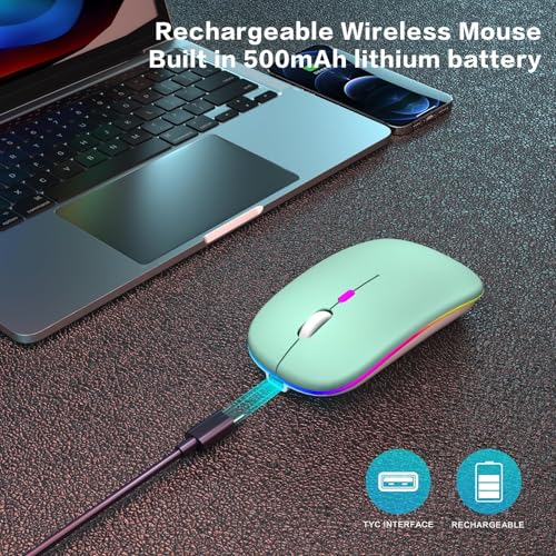 AIKOKOK Wireless Bluetooth Mouse, Rechargeable, Dual Mode Bluetooth 5.2 & 2.4G USB, LED Lights, Slim, Silent, Portable Computer Mouse for Laptop, PC, MacBook, iPad, Tablet (Green) - color: Green