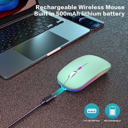 AIKOKOK Wireless Bluetooth Mouse, Rechargeable, Dual Mode Bluetooth 5.2 & 2.4G USB, LED Lights, Slim, Silent, Portable Computer Mouse for Laptop, PC, MacBook, iPad, Tablet (Green) - color: Green