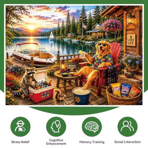 300 Piece Jigsaw Puzzle for Kids & Adults – Lake Life Scene with Golden Retriever, Boat, Cabin, Sunset Lake View & Outdoor Deck, Family Puzzle Gift for Boys Girls Ages 8+, 20.5 x 15 in - color: Lake Life