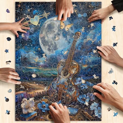 1000 Piece Jigsaw Puzzle for Adults, Guitar Moon Night Puzzle | Murder Mystery, Artistic Musical Fantasy Puzzle with Moon, Butterfly and Blue Flowers, Challenging Art, 26.6x19.2 in - color: Midnight Melody