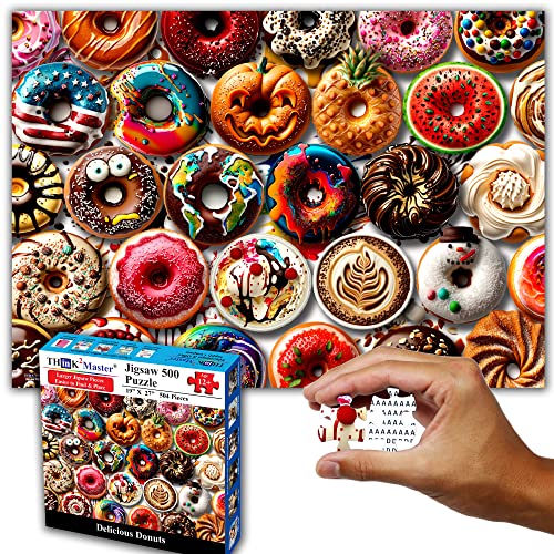 Think2Master Donuts 500 Pieces Jigsaw Puzzle with Very Large Pieces for Adults, Seniors & Families. Great Gift Ages 13+. Size: 26.8” x 18.9” - style: Delicious Donuts