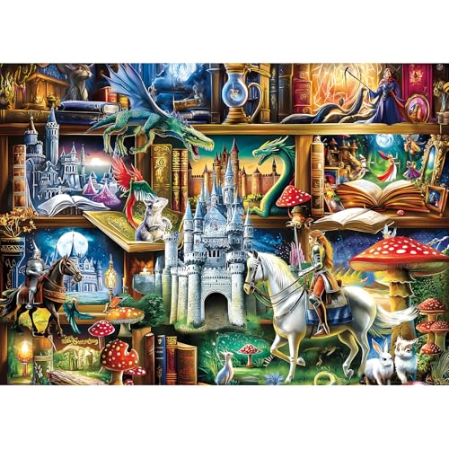 1000 Piece Fantasy Castle Bookshelf Jigsaw Puzzle for Adults, Dragons and Knights Theme, Fairy Tales Magical Castles Scene, Challenging Puzzle & Artwork - color: Fantasy Bookshelf