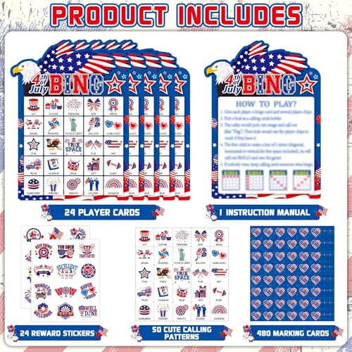 39Pcs 4th of July Bingo Game for Adults Kids 24 Players Eagle Shape Bingo Game Cards with Reward Stickers for Family Friend Student Large Group Activities Independence Day Patriotic Party Favors - style: 4th of July