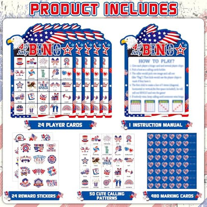 39Pcs 4th of July Bingo Game for Adults Kids 24 Players Eagle Shape Bingo Game Cards with Reward Stickers for Family Friend Student Large Group Activities Independence Day Patriotic Party Favors - style: 4th of July