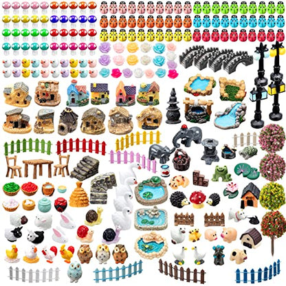 Tuanse 248 Pcs Miniature Fairy Garden Accessories with Mini Resin Animals | Garden DIY Craft, Miniature Figurines, Micro Landscape Ornaments Kit, Including Tiny Stone Bridge Pond Lighthouse Figurines