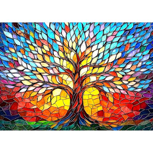 500 Piece Puzzles for Adults Stained Glass Tree of Life Puzzle for Adults Colorful Mosaic Jigsaw Puzzles 500 Pieces with Letters on Back Hard Impossible Difficult Challenging Family Puzzle(21"x15") - color: Tree of Life, size: (23"x15")