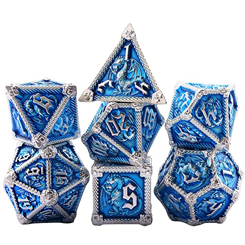 AUSTOR 7-Die Metal DND Dice Set Dungeons and Dragons Polyhedral Roll Playing Dice with Box D20 D12 D10 D% D8 D6 D4 for Pathfinder MTG RPG Board Games - color: Sky Blue With Silver Edge
