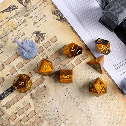 LUCKY-M Gemstone DND Dice Unique, 7PCS Yellow Tiger's Eye Dice Set for Dungeons and Dragons RPG MTG, Polyhedral Stone Dice Sets D&D Men Birthday Gifts - color: Yellow Tiger