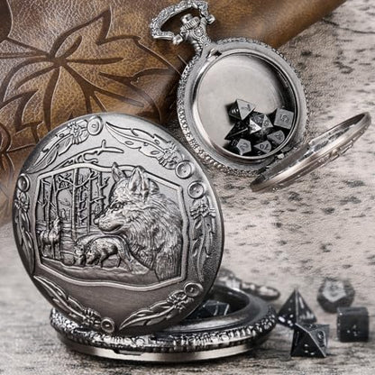 Mini DND Dice Set with Steampunk Wolf Pocket Watch Shell Case, 7pcs Polyhedral Metal D&D Dice Set, DND Gifts with Gift Box for Gamer, Role Playing Board Games Accessories, Dark Silver, Zinc Alloy - color: Dark Silver