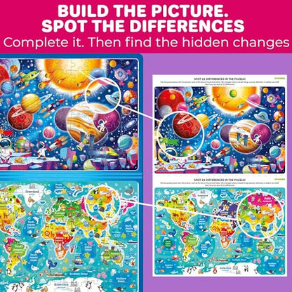 QUOKKA Magnetic Puzzles for Kids Ages 4-6 – 100 PCS Magnetic Puzzle Book for Toddlers 3-5 – 2 Puzzles & 2 Spot The Difference Maps – Search & Find Travel Games – Space, World Map Toddler Travel Toys - color: Maps 100pcs