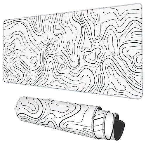 Desk Mat, White Topographic Contour Map Extended Gaming Mouse Pad Large, 35.4"x15.7" Big Mouse Pad with Non-Slip Base and Stitched Edge, Long Computer Keyboard Mouse Mat for Home Office Work - color: White Topographic Contour Map, size: 15.7" x 35.4"